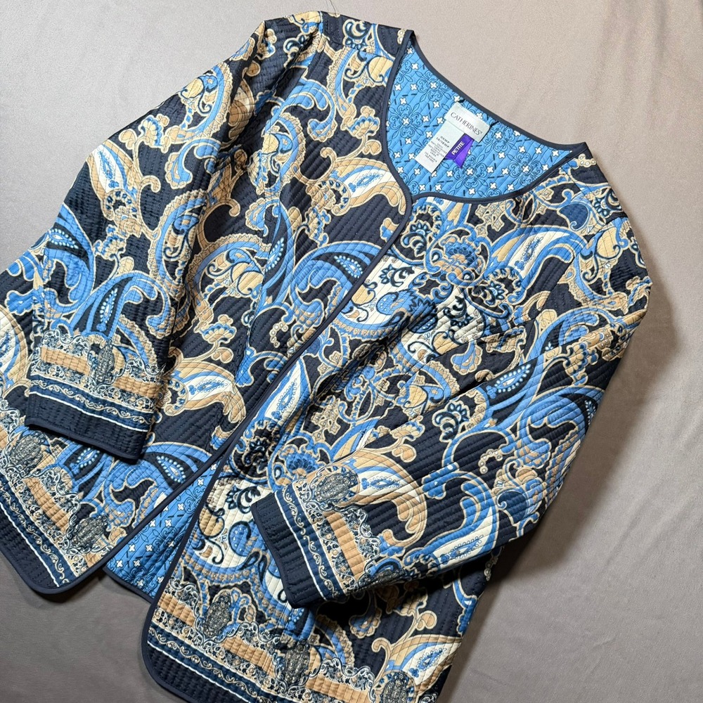 Catherines Petite Paisley Quilted‎ Open Front Jacket Blue Tan 0XWP 14/16WP